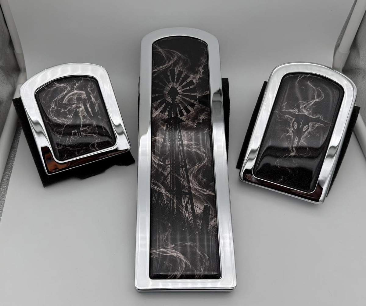Custom chrome pedal set with hand-painted artwork by CLV Customs