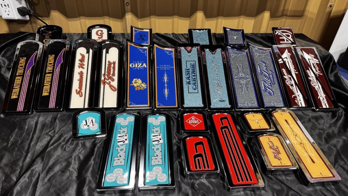 A show table of custom-painted pedals